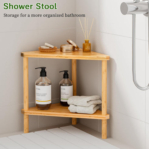 Aollewoiti 2-Tier Bamboo Corner Shower Stool - Waterproof Shower Stool for Inside Shower, Shaving Legs & Small Spaces