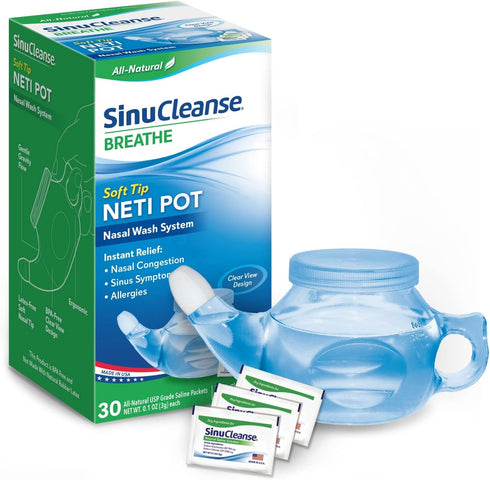 SinuCleanse Soft Tip Neti Pot Nasal Wash System, 30 All-Natural Saline Packets - Relieves Nasal Congestion