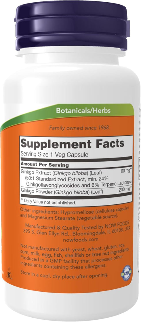NOW Supplements, Ginkgo Biloba 60 mg, 24% Standardized Extract, Non-GMO Project Verified, 60 Veg Capsules
