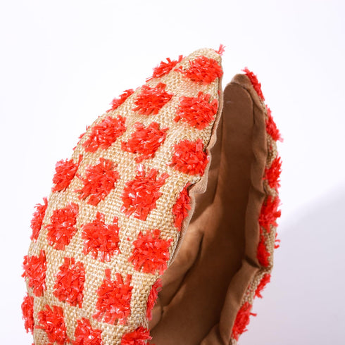 Raffia Knotted Headbands for Women, Boho Straw Wide Top Knot Hairband, Rattan Woven Pom Pom Hair Accessories