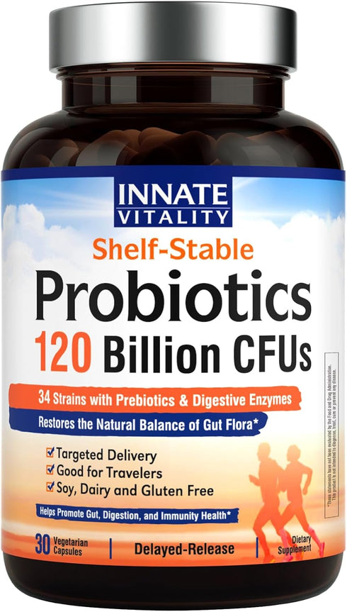 Innate Vitality Probiotics 120 Billion CFUs - 30 Vegan Capsules for Men & Women with Prebiotics & Digestive Enzymes
