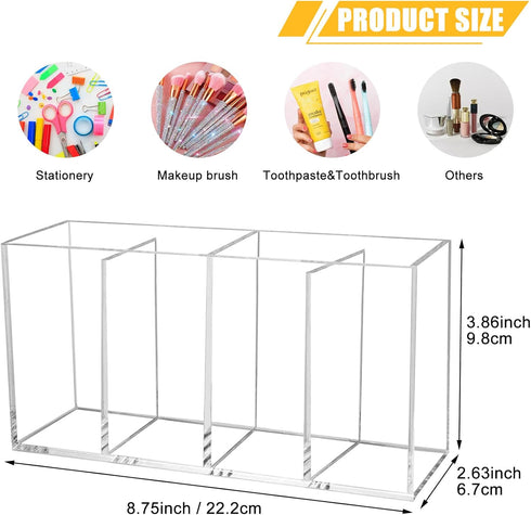 Cerpourt Clear Makeup Brush Organizer, Acrylic Storage Holder with 4 Slots for Desk Accessories
