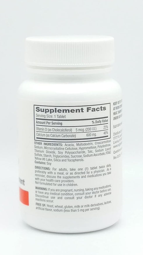 Rugby Laboratories Calcium 600 mg Calcium Supplement Calcium Carbonate Health Strong Bones Vitamin D3 5 mcg 200 IU Potency Guaranteed Value 60 Tablets (Pack of 1)