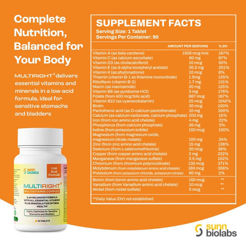 SUNN BIOLABS 14 14 90 MULTIRIGHT | Low Acid MULTIVITAMIN | Bladder-Friendly | Vitamins & Minerals |, pH Balanced | Easy