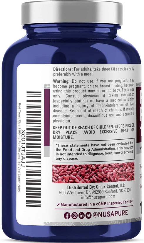 NusaPure Red Yeast Rice 1800mg, 180 Veggie Capsules (Non-GMO, Vegan)