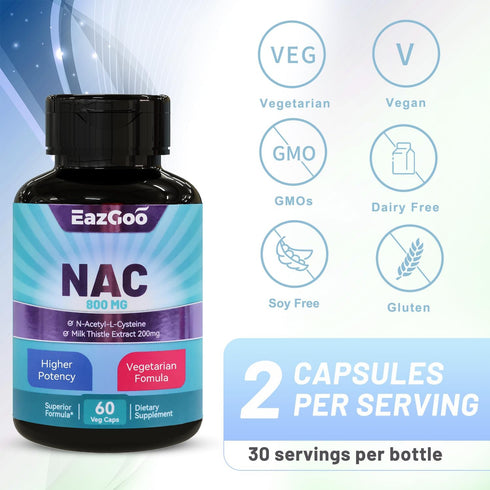 NAC Supplement N-Acetyl Cysteine 800mg with Milk Thistle 200mg - 60 Non-GMO Gluten Free Capsules