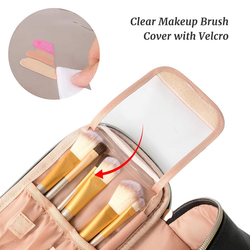 OCHEAL Small Black Cosmetic Bag, Portable Cute Travel Makeup Pouch for Women & Girls, Makeup Brush Organizer