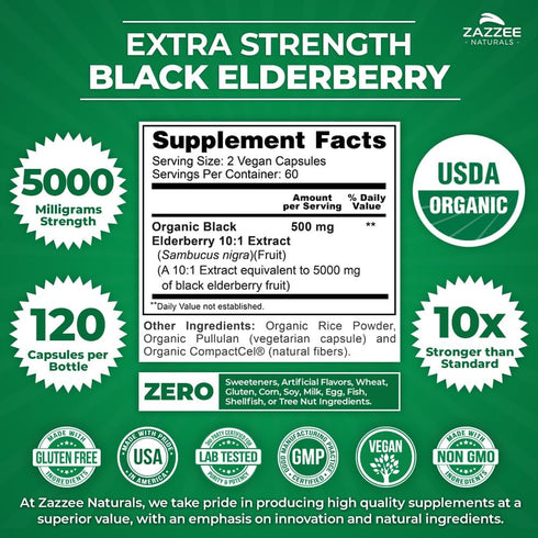 Zazzee USDA Organic Black Elderberry 10:1 Extract, 5000 mg Strength, 120 Vegan Capsules, 2 Month Supply