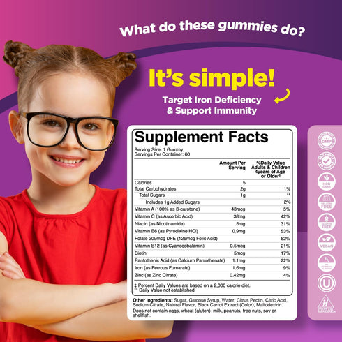 Kids Multivitamin with Iron Gummies, Chewable Iron Gummy Vitamins for Focus Aid and Natural Energy Support