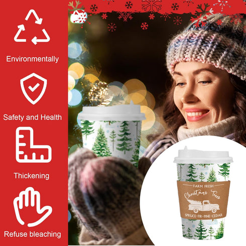 Suttmin 72 Sets/ 216 16 oz Pcs Christmas Paper Cups Disposable to Go Coffee Cups with Lids and Sleeves Xmas Hot Cocoa