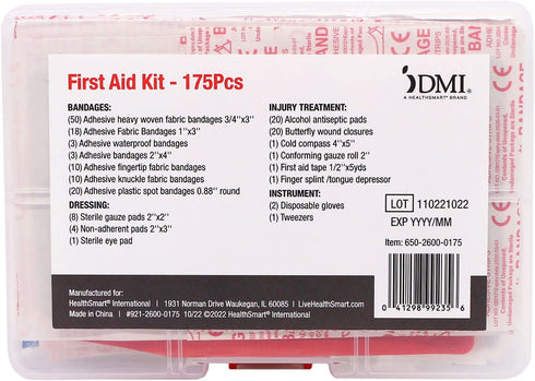 DMI 175-Piece First Aid Kit for Minor Injuries, Portable and Convenient, Includes Bandages and Treatment Instruments