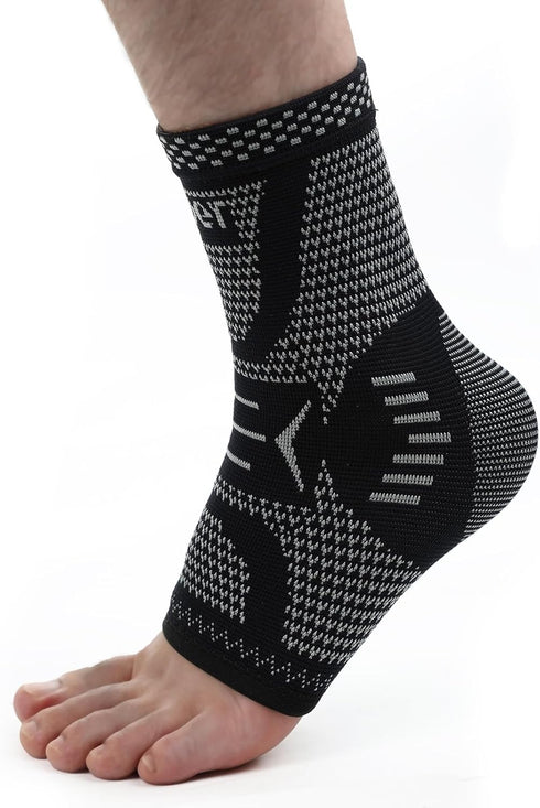 INDEEMAX Ankle Brace Compression Sleeve, Copper Infused Support for Sprained Ankle, Plantar Fasciitis, Sliver Black, M