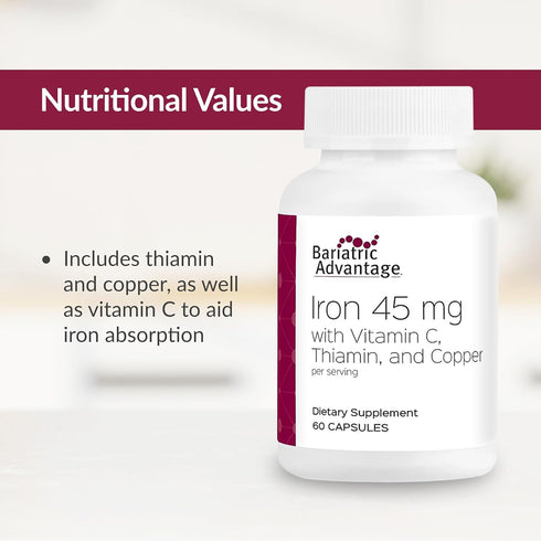 Bariatric Advantage Iron 45 mg with Vitamin C, Thiamin, and Copper, Easily Digestible for Surgery Patients - 60 Count