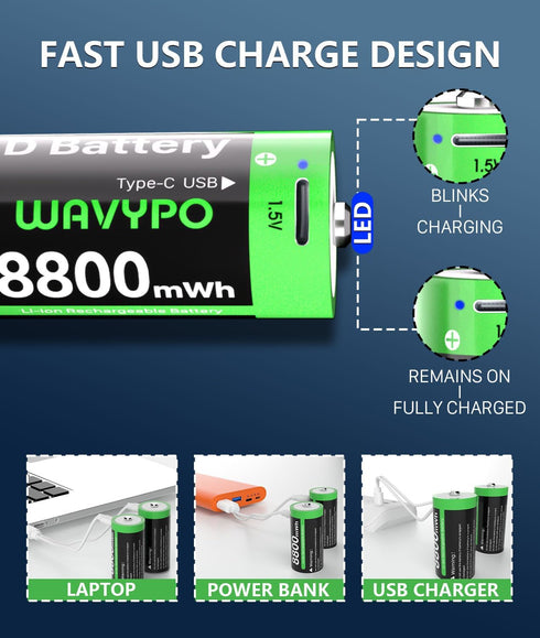WAVYPO 8800mAh (2-Pack) Rechargeable D Lithium Batteries with Included USB-C Charging Cable, Rechargeable D Batteries