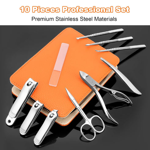Professional Manicure Set, 10-in-1 High-Grade Nail Cutter and Clippers with Leather Travel Case