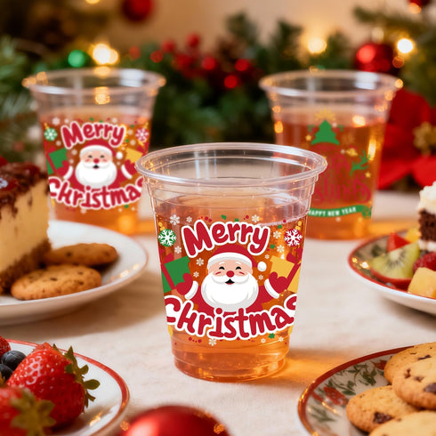 Jhfinely 50 12 oz Pcs Christmas Party Cups, Merry Christmas Clear Plastic Cups, Santa Claus Disposable Drinking Cup