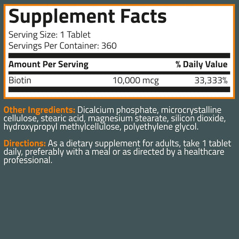 Bronson Biotin 10,000 MCG for Healthy Hair, Skin & Nails, High Potency Beauty Support - 360 Vegetarian Tablets