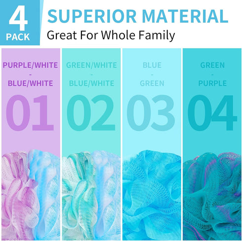 Bath Loofah Shower Sponge Body Back Scrubber, Soft Mesh Shower Puffs, Exfoliating Loofa for Women & Men (Pack of 4,