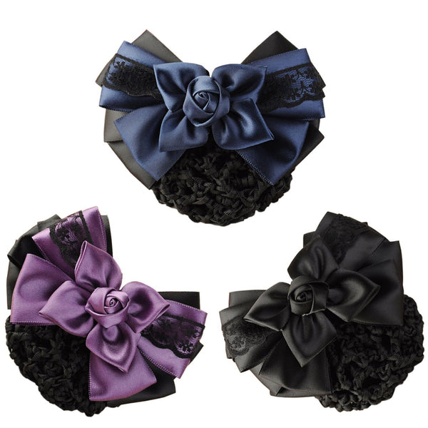 LiveZone (Pack of 3) Women Hair Bun Cover Net Snood, Bowknot Decor Hair Accessories, 3 Colors - Black, Blue, Purple