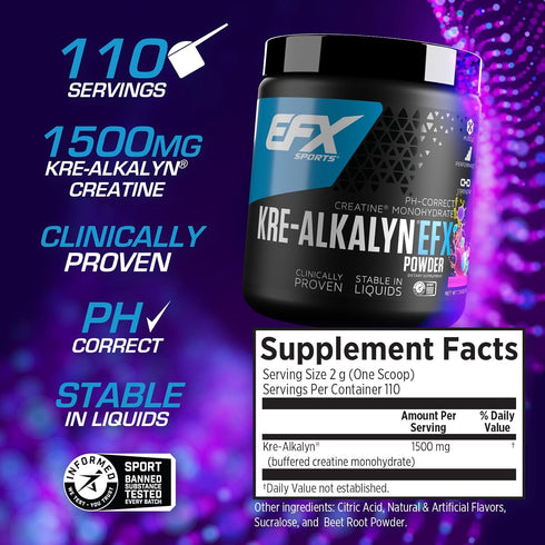 EFX Sports Kre-Alkalyn EFX Powder, pH Correct Creatine Monohydrate Supplement for Strength, Muscle Growth &