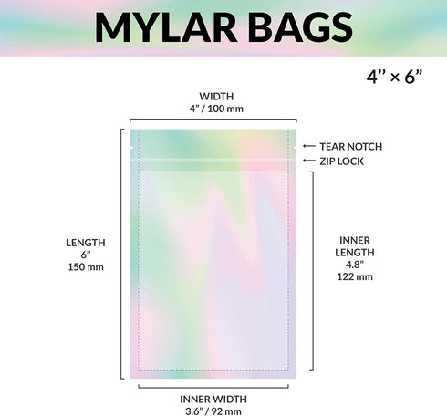 Mylar Bags with Ziplock 4 x 6" | 100 Rainbow Holographic Bags, Sealable Heat Seal for Candy, Food Packaging