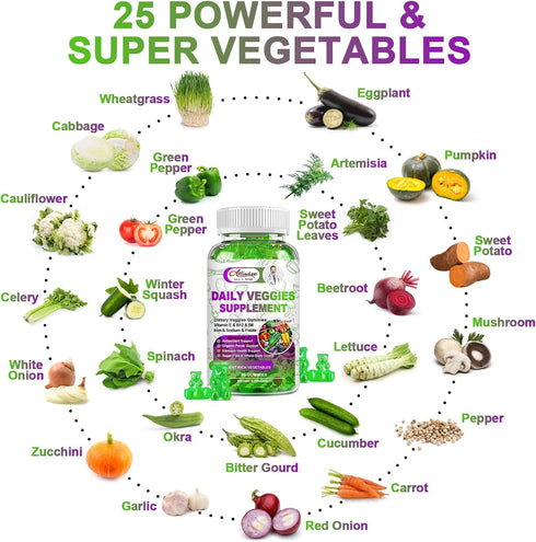 Sugar-Free Fruits and Veggies Gummies Supplement - Multi-Vitamins & Minerals, Immunity & Energy Support