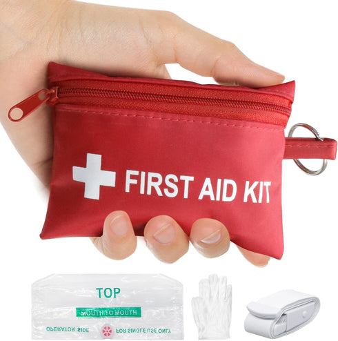 Mini First Aid Kit - Pocket Keychain & Elastic Belt with Disposable Gloves for Travel Home Camping Emergency Supplies