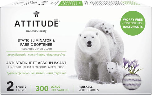 ATTITUDE Reusable Dryer Sheets, Fabric Softener & Static Eliminator, Fragrance-Free, 300 Loads, 2 Sheets