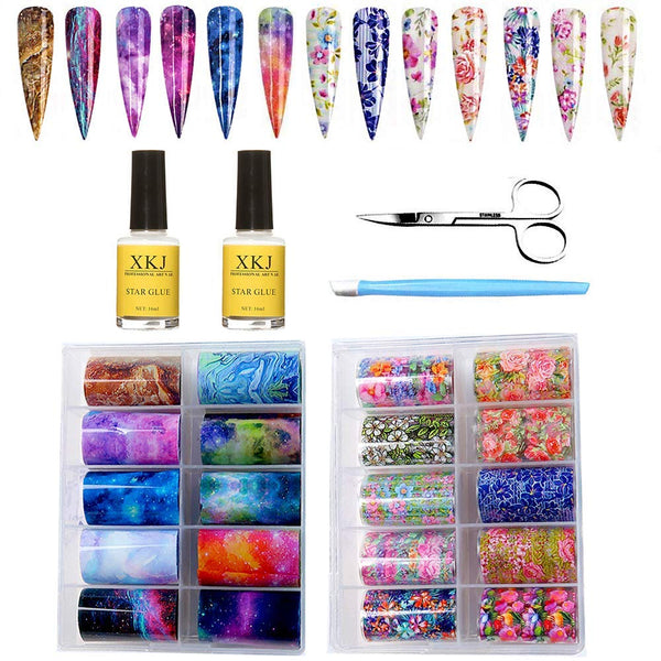 Kalolary 20 Color Holographic Starry Sky Nail Art Foil with Glue, DIY Decoration for Nail Art Salon or Home Use