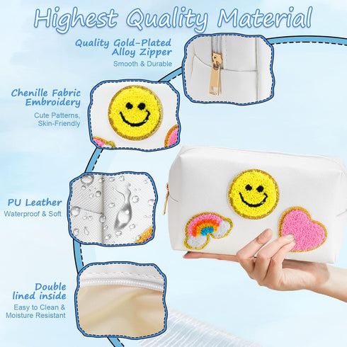 WECOOL Makeup Bag - Cute Smiley Face & Heart Pattern Preppy Patch Makeup Bag, Portable Large Capacity Cosmetic Bag for