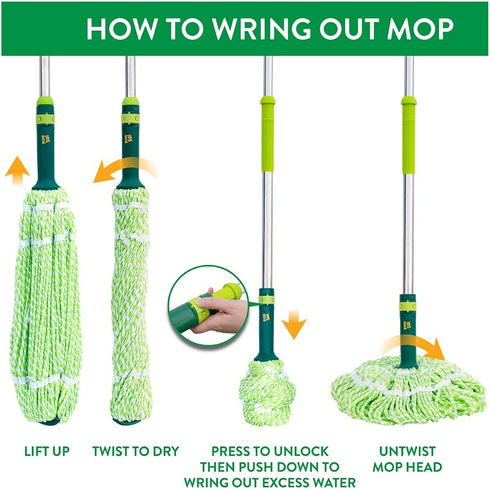 Pine-Sol Microfiber Self Wringing – Easy Squeeze Twist Design for Wet Mopping | Household Cleaning Tool for Tile, Linoleum, Laminate Floors | Extendable Metal Handle, Green