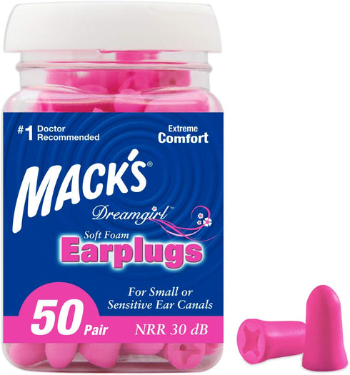 Mack's Dreamgirl Soft Foam Earplugs, 50 Pair, Pink - 30dB NRR, 33dB SNR - Small Ear Plugs for Sleeping