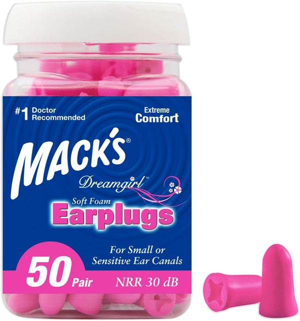 Mack's Dreamgirl Soft Foam Earplugs, 50 Pair, Pink - 30dB NRR, 33dB SNR - Small Ear Plugs for Sleeping