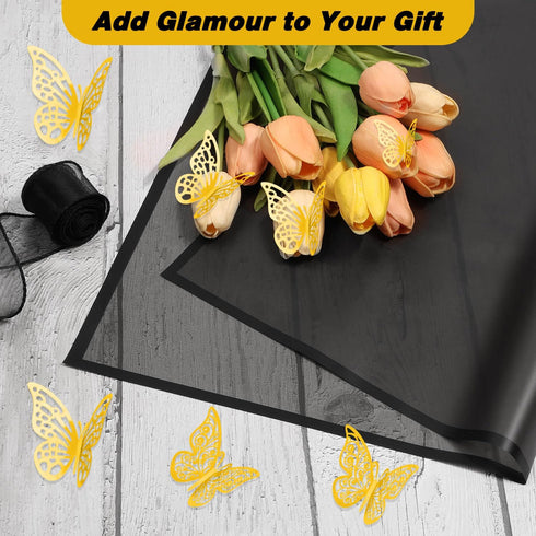ROADPLUM 20 Sheet Black Flower Wrapping Paper, Bouquet Wrap Kit with 12 Butterflies and 1 Ribbon