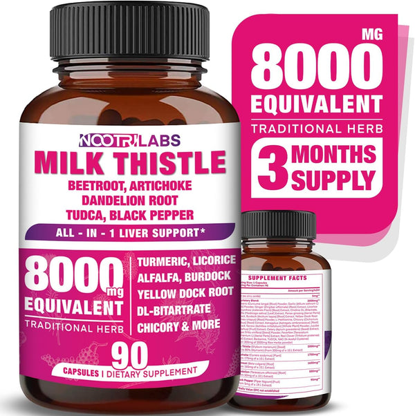 All-in-1 8000mg Milk Thistle NAC BeetRoot Artichoke Dandelion Root - Liver Health Support, 90 Vegan Capsules