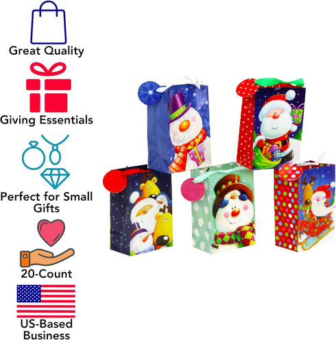 Iconikal 20-Pack Christmas Gift Bags - Small 4x6x2.5-Inch, Snowman, Santa, Reindeer, with Ribbon Handles