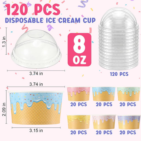 Jingmore 120 Pack 8 oz 5 Summer Ice Cream Paper Cups with Lids Disposable Ice Cream Bowls Paper Treat Dessert Cups