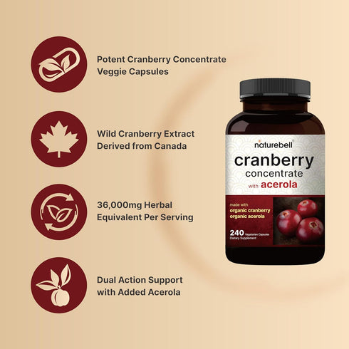 Naturebell Cranberry Pills 36,000mg with Acerola, 240 Veggie Capsules, Organic Ingredients for Urinary Tract Health
