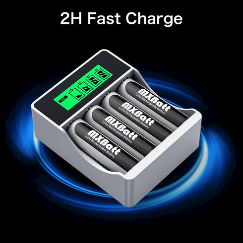 MXBatt 1.5V 3500mWh 4 Packs 1500 Rechargeable AA Batteries with Charger, High Capacity, Lithium Batteries Cycles