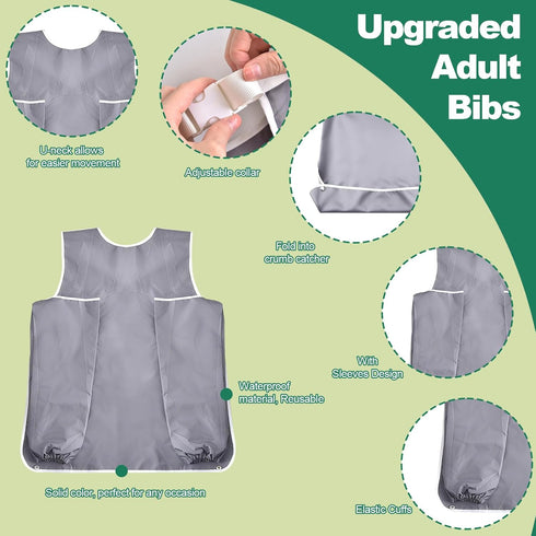 Unisex Adult Bibs with Sleeves, Washable & Reusable Clothing Protector with Optional Crumb Catcher Adjustable Collar