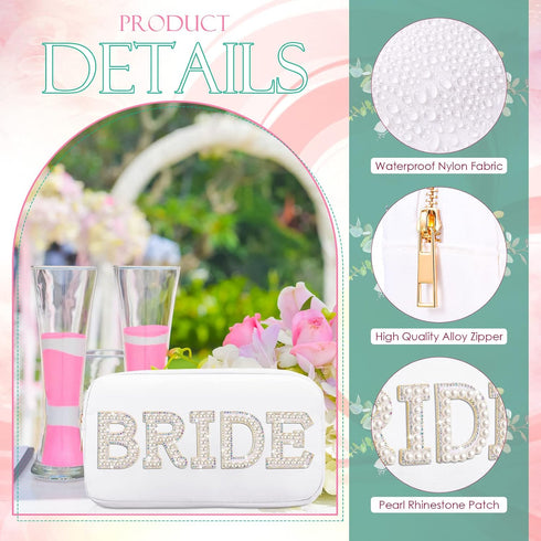 Nylon Bride Makeup Bag, Large Cosmetic Travel Toiletry Bag with Pearl Rhinestone Letter Patch for Women