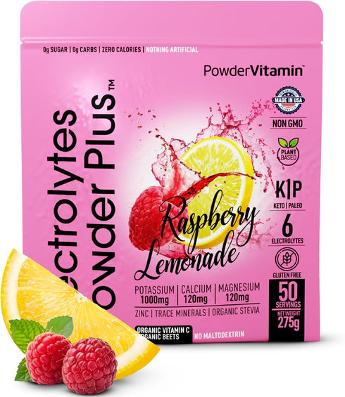 Electrolytes Powder Plus, 50 Servings, Raspberry Lemonade, Zero Calorie, 1000mg Potassium