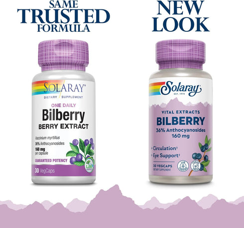 Bilberry Extract 160 mg SOLARAY, Eye Health & Circulation Support, 36% Anthocyanosides Plus Blueberry, Vegan, 30 VegCaps