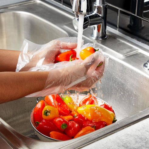 Juvale 100-Pack Disposable Food Safe Gloves for Cooking, Kitchen Prep and Baking (One Size Fits Most, Clear)