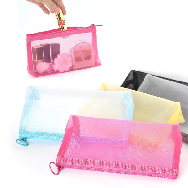 Patu Zipper Mesh Bags, 5 Pieces, Widened Long Case, Assorted Colors, Travel Toiletry Kit Set, Makeup Organizer