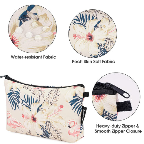 WANDF Cosmetic Bag for Women, Mini Makeup Organizer Pouch, Water Resistant, Girls Gift (Beige Flamingo)