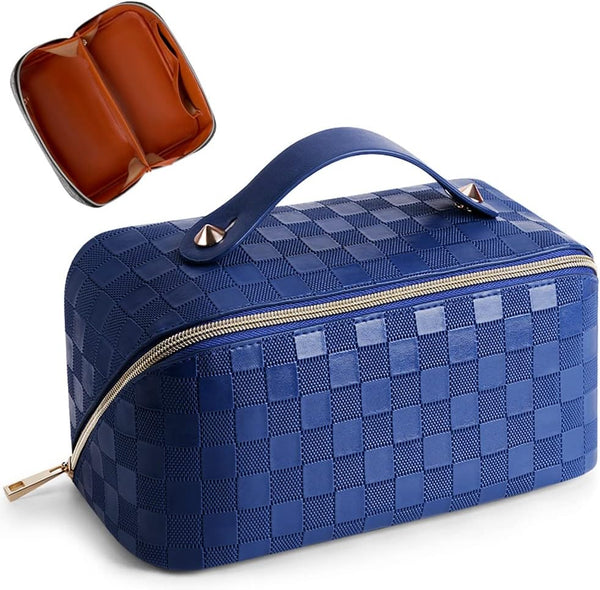 Large Capacity Travel Cosmetic Bag, Waterproof Plaid Checkered Makeup Bag with Handle and Divider for Women