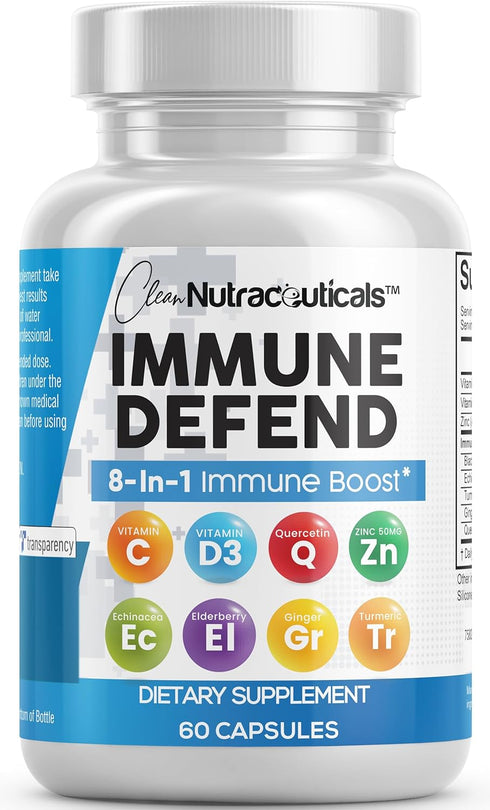 Clean Nutraceuticals Immune Defense Support Supplement 8 in 1 with Zinc, Quercetin, VIT C, Vitamin D3, Elderberry - 60