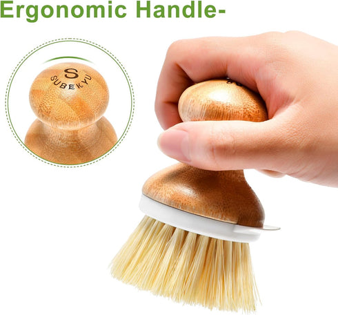 SUBEKYU Bamboo Dish Brush, Natural Wooden Dishwashing Scrubber for Cleaning Dishes, 1 Set