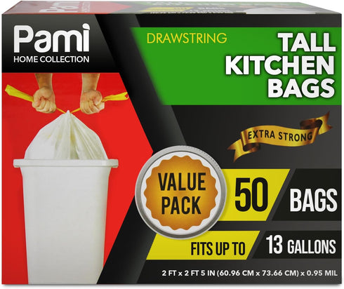 PAMI 13-Gallon Tall Kitchen Drawstring Trash Bags, 50-Pack, White, Extra-Strong Plastic Liners for Kitchen